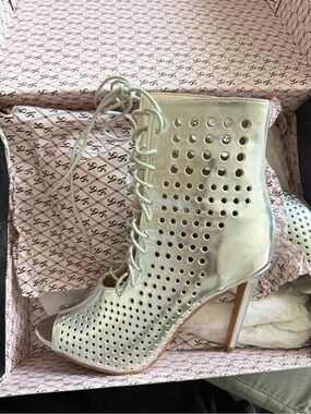 Victoria Secret Metallic Silver Lace-Up Peep-Toe High Heel Bootie